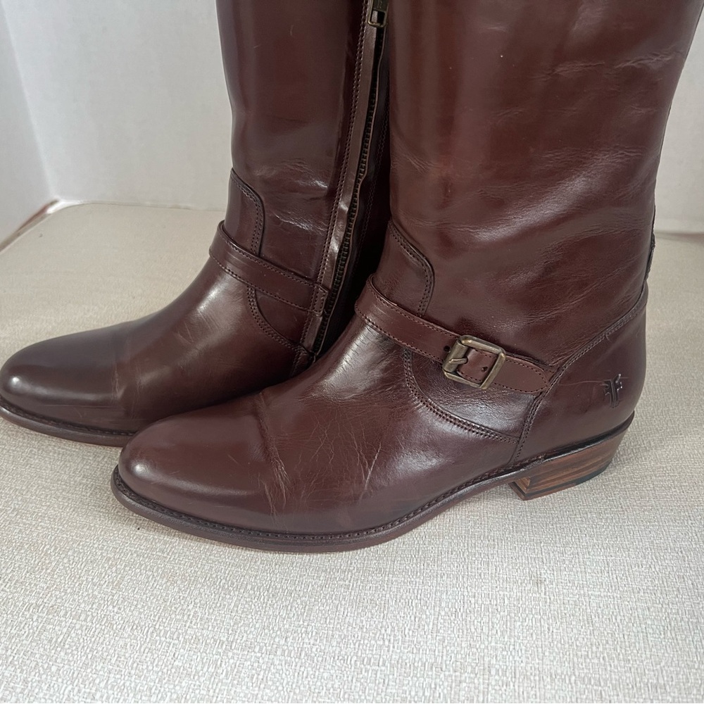Frye Dorado Buckle Brown Tall Leather Boots 8 Box says 8.5 - Picture 7 of 15